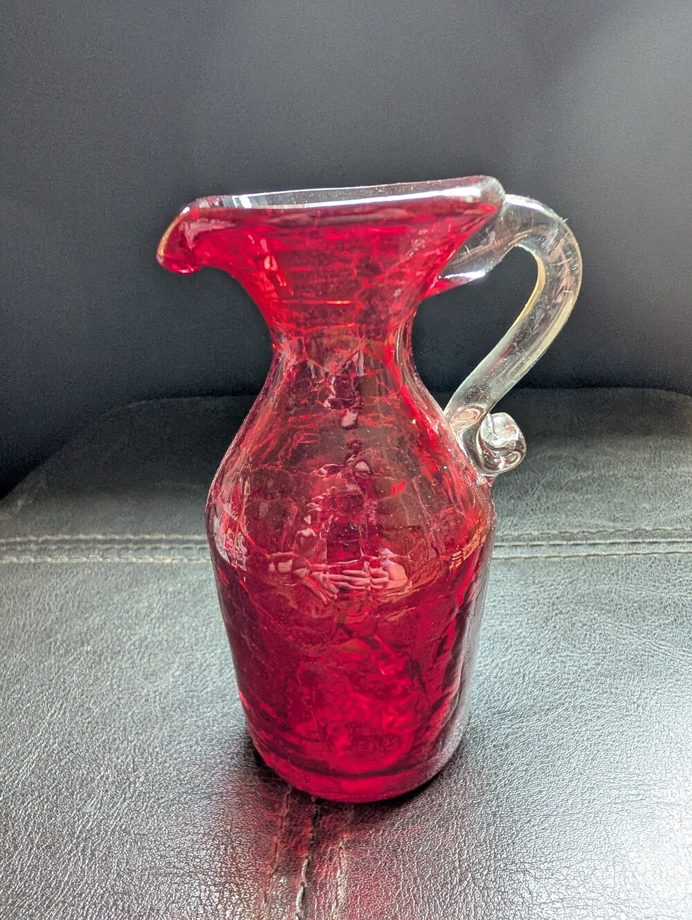 Vintage Kanawha Red Crackle Blown Glass Pitcher Vase Clear Glass Applied Handle